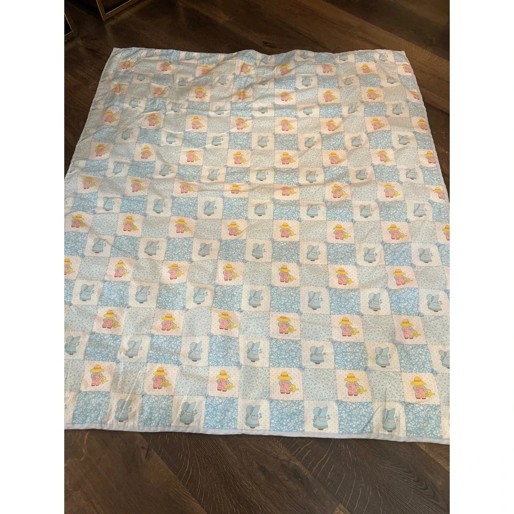 Quilted‎ Baby Blanket Blue Bunny Girl Watering Can Print Nursery